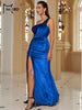 Wine Sequin Evening Dress Elegant Women One Shoulder Draped Split Wedding Party Prom Dresses Bridesmaid Wine Long Gown