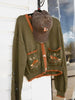 Women Fox Embroidery Cropped Knit Cardigan V Neck Contrast Scallop Trim Pocket Long Sleeve Coat Vintage Cottagecore Sweater