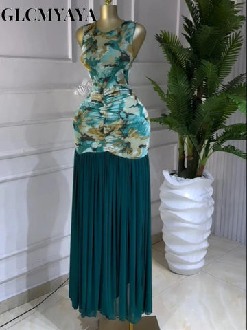 Women Printed Ruched Stacked Fit and Flare Long Maxi Dress Winter Evening Party Education Vacation Dresses Vestido