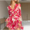 Women Elegant Floral A-line Pleated Dress Sexy Long-sleeved Waist Cinching Ruffle Mini Dresses Lady Vacation Street Gowns