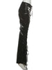 Hipster Leather Flared Pants Women Coquette Shirring Hollow Rivet Stretch Streetwear Chic Y2K Music Festival Bottoms