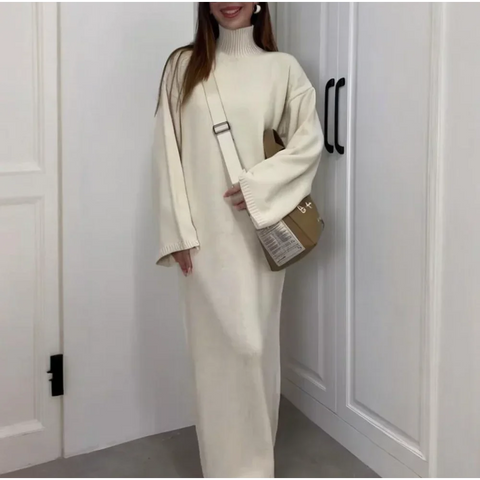 Women's Knitted High Neck Sweater Temperament Dress for Women Long Sleeve Solid Long Dresses