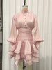Elegant Pink High Neck Organza Fabric Mini Dresses for Women Puff Sleevs Ruched Waist Tiered Ruffles for Cocktail Parties