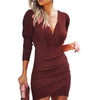 burst waist show thin solid color v-neck long sleeve tight skirt folk wind nightclub dress woman
