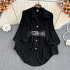 Spring Office Lady Shirt Dress Women Long Lantern Sleeve Sashes Waist Robe Femme Single Breasted Short Dresses