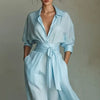 Bohemian Elegant Lace-up High Waist Long Dress Woman Turn-down Collar Hollow Party Dress Spring 3/4 Sleeve Pocket Maxi Dress