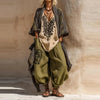 Women Casual Long Sleeve 3 Piece Suits Vintage Geometric Pattern Print Street Outfits Sexy V-neck Top & Long Pant & Cardigan Set