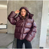 Shiny Hooded Cotton Jacket For Women Solid Long Sleeve Zipper Pockets Coats Lady Winter Street Warm Chic Outerwear