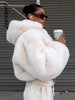 Women's Faux Fur Coats Hooded Patchwork Zipper Cropped Jackets Street Female Lantern Long Sleeves Loose Autumn Winter Outerwears