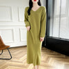 100% Merino Wool Women Long Dress Sweater V-Neck Pullover Long Dress Versatile Cashmere Knitwear Bottoming Clothing