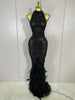 Shining Gold Rhinestones Feather Sexy Mesh Long Dress Women Birthday Evening Red Carpet Show Gown Stage Costume