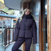 Women Peplum Ski Jackets Hooded Stand Collar Belt Waist Zipper Solid Puffer Jacket Sheath Warm Sport Winter Skiwear