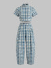 Women's Blue Plaid Two Piece Set Mock Neck Crop Top High Waisted Wide Leg Pants Casual Elegant Outfit