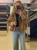 Brown Stand Collar Short Jacket Classic Plaid Contrast Cuff Oversized Casual Coat Autumn Lady Daily Street Outerwear