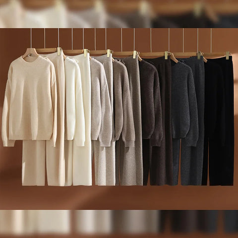 Women Wool O-neck Pullover Wide Leg Pants Set 100% Wool Sweater Autumn Winter Casual Dropping Sleeve Knit Loose Top Trousers