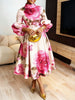 Dashiki African Dresses for Women Flower Printed Stand Collar Elegant Evening Maxi Dress Puff Sleeves Pleated Party A-Line Dress