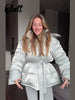Warm Glossy Hooded Lace-up Cotton Coats Winter Female Casual Zipper Bottons Belted Overcoat Women's Solid Streetwear