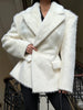 Women White Fuzzy Wool Blazer Notched Lapel Double Breasted Fluffy Thick Winter Elegant Coat