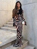 Women Zebra Stripe Long Dress Elegant Lace Up Full Sleeve Slim-fit Robes Evening Party Lady Vestidos