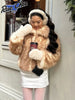 Brown Deer Print Faux Fur Coat Women Y2k Zip‑up Full Sleeves Warm Fluffy Short Jacket Winter Street Party Casual Coats