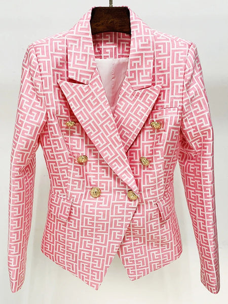 High Street Designer Jacket Women's Double Breasted Lion Buttons Geometrical Jacquard Blazer
