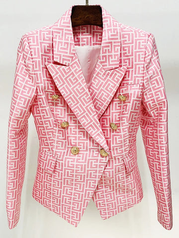 High Street Designer Jacket Women's Double Breasted Lion Buttons Geometrical Jacquard Blazer
