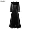 Womens Elegant Satin Silk Party Dresses O-Neck 3/4 Sleeve A-Line Long Pleated Dress Solid Color Guest Evening Robe Femme