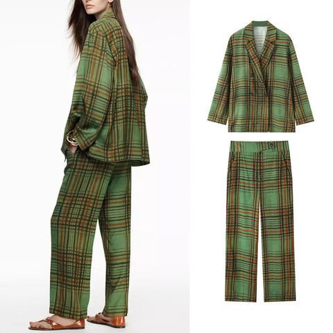 American Retro Autumn Women's Simple Plaid Suit Collar Long-sleeved Coat Wide-leg Trousers 2-piece Set Female