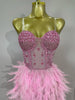 Stock Women Sexy Sparkly Rhinestone Mesh Feather Long Dress Elegant Evening Party Celebrate Birthday Performance Costume