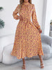 Floral Stand Up Collar Bridesmaid Dress Spring Autumn Elegant Long Sleeve Waist Cinching Pleated Dresses Woman Clothing
