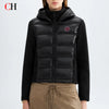 CH Womens Round Sew On Patch Detail Horizontal Quilted Hooded Padded Jacket Full Zipper Casual Daily Wear