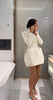 Solid Cinched-waist Mini Dress Women Casual V-neck Full Sleeve Shoulder Pads A-line Vestidos Lady Chic Party Street Gowns