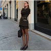 Blazer With Metal Buckle Belt High Waist Pleated Women Mini Skirt Lapel Contrast Pocket Herringbone 2 Piece Suit Vintage Pattern