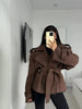 Solid Lace Up Short Windbreaker Women Elegant Full Sleeve Button Loose Chic Trench Coat Office Lady Daily Commute Outwear