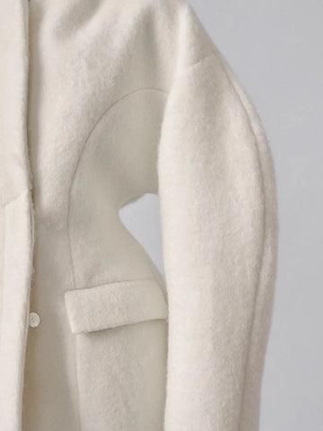 White Woolen Women's Coat Stand Collar Button Waist-cinching Long Sleeve Female Jacket Spring Autumn Tweed Outwear