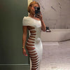 Sexy Solid Hollow Out Bodycon Dress Women One-shoulder Elegant A-line Belted Fit-and-flare Vestidos Lady Light Social Gowns