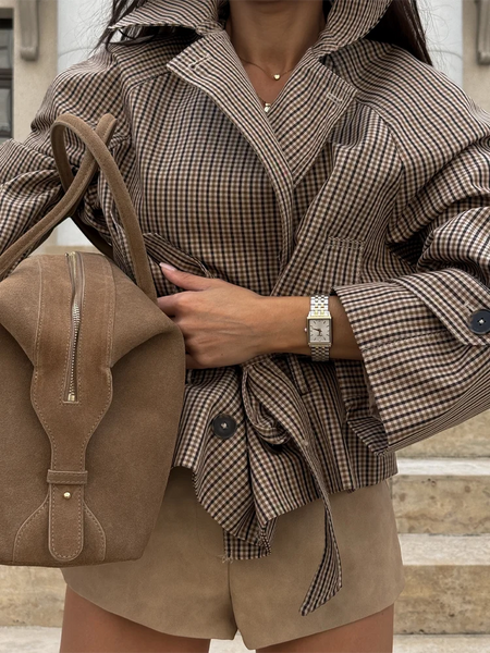 Plaid Windbreaker Grid Jacket Lapel Collar Double Breasted Trench Woman Coat Waist Tie Belt Long Sleeve Short Top Casual Clothes