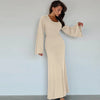 Solid Ribbed Trumpet Long Sleeve Maxi Dress Back Lace-Up Straps Elegant Casual For Women A little thinner Dresses All seasons