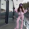 Thicken Warm Women's Skiwear Pink High Collar Hooded Cotton Padded Coats Straight Leg Zipper Pants Winter Lady Ski Suit