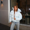 Solid Glossy Zipper Hooded Coats Women's Warm Elastic Waist Pleated Short Cotton Jacket Winter Lady High Street Outwear