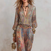 Boho Paisley Print Two-Piece Set for Women Sexy V-Neck Long Sleeve Blouse Top & Wide Leg Pants Casual Loose Suit for Vacation