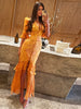 Elegant Ruffle Women's Long Dresses V Neck Half Sleeve Button Waist Cinching Pleated Dress Spring Lady Party Robes