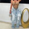 Women's Patchwork Asymmetric Jeans High Street Holes Wide Leg Vintage Casual Streetwear Denim Trousers