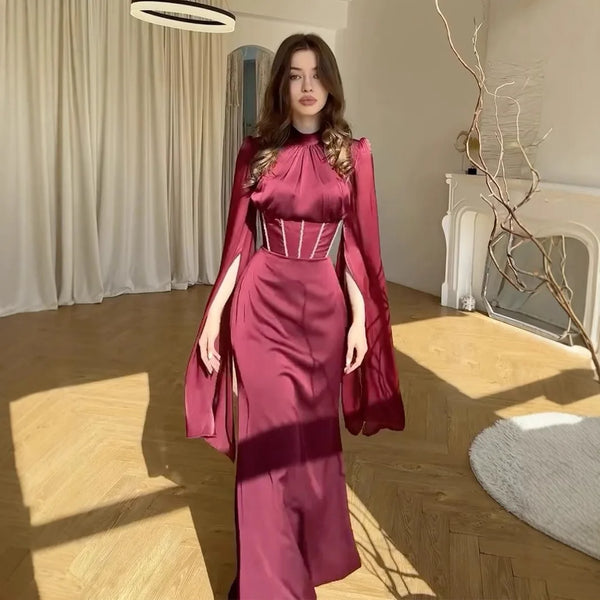 Spring Wine Red Stand Collar Long Sleeve Slim Fit Slit Long Dress Women Elegant Temperament Flowy Gown
