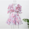Elegant Floral Printed Mini A-line Dress Women Deep V-neck Puff Half Sleeve Waist-cinching Dresses Lady Party Club Gown