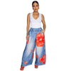 Women Fake Denim 3D floral Print Loose Wide Leg Jogger Pants Streetwear Active Hip Hop Sweatpants Trousers