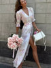 Floral Printed Chiffon Long Dress Women Chic Deep V-neck Lace Patchwork Mini Sleeves Slim Fit Dresses Lady Daily Wear