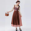 Ladies' Temperement Pastoral Style Fresh Patchwork Long Sleeve A-line Skirt Plaid And Flower Splicing High Waist U-neck Dress
