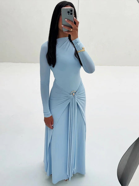 Ruched Elegant Maxi Dress Women Daily Casual Skinny Full Sleeve Solid Gown Midnight Prom Party Long Bodycon