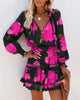 Women's Long Sleeve Mini Dress V-neck Drawstring Leopard Printed Waist Tied Dress Elegant Office Lady Dresses For Women